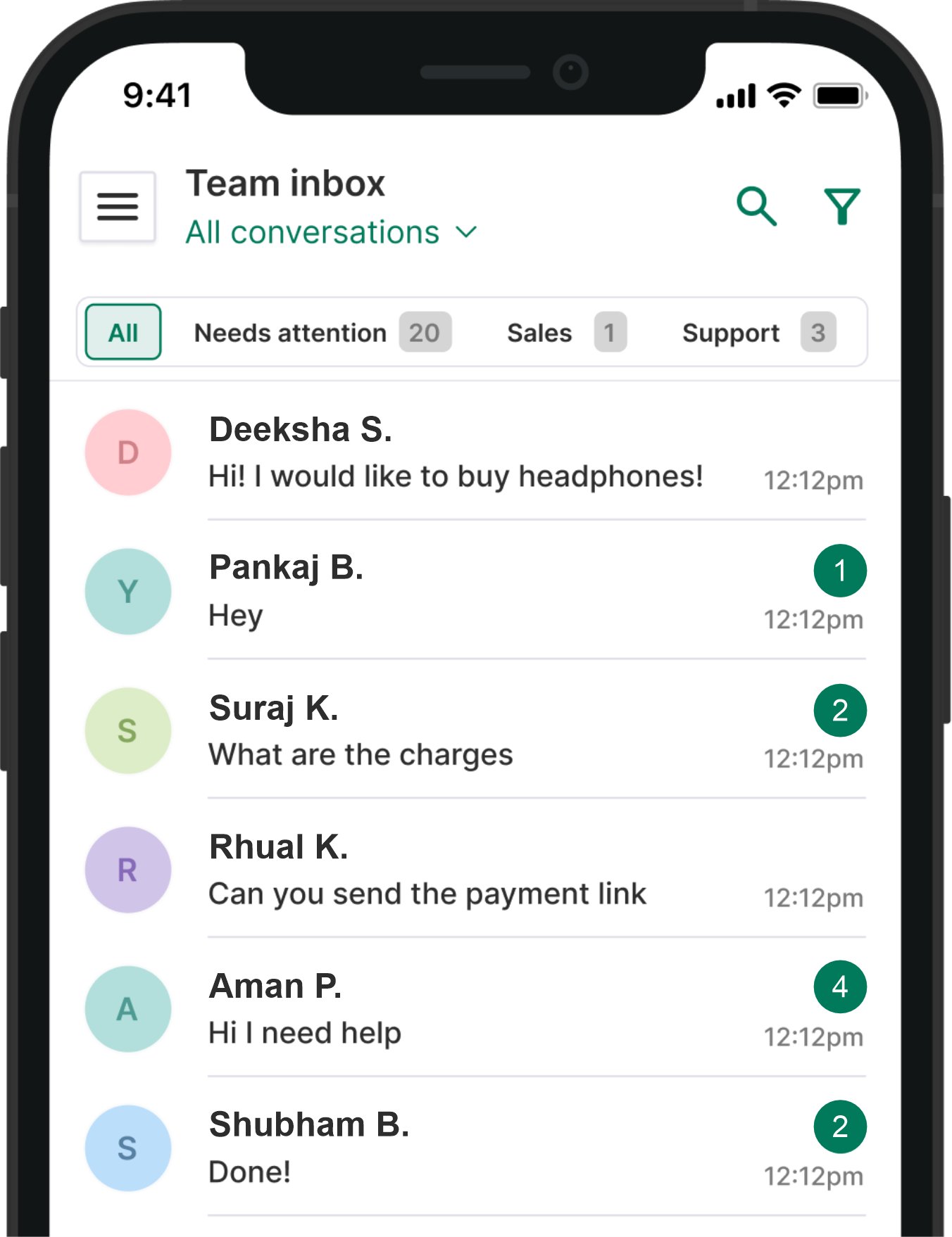 Smartphone showing Team Inbox